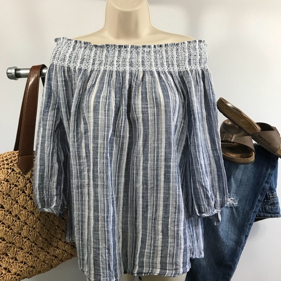 SW New York Tops - Adorable Navy & White Striped Off The Shoulder Top